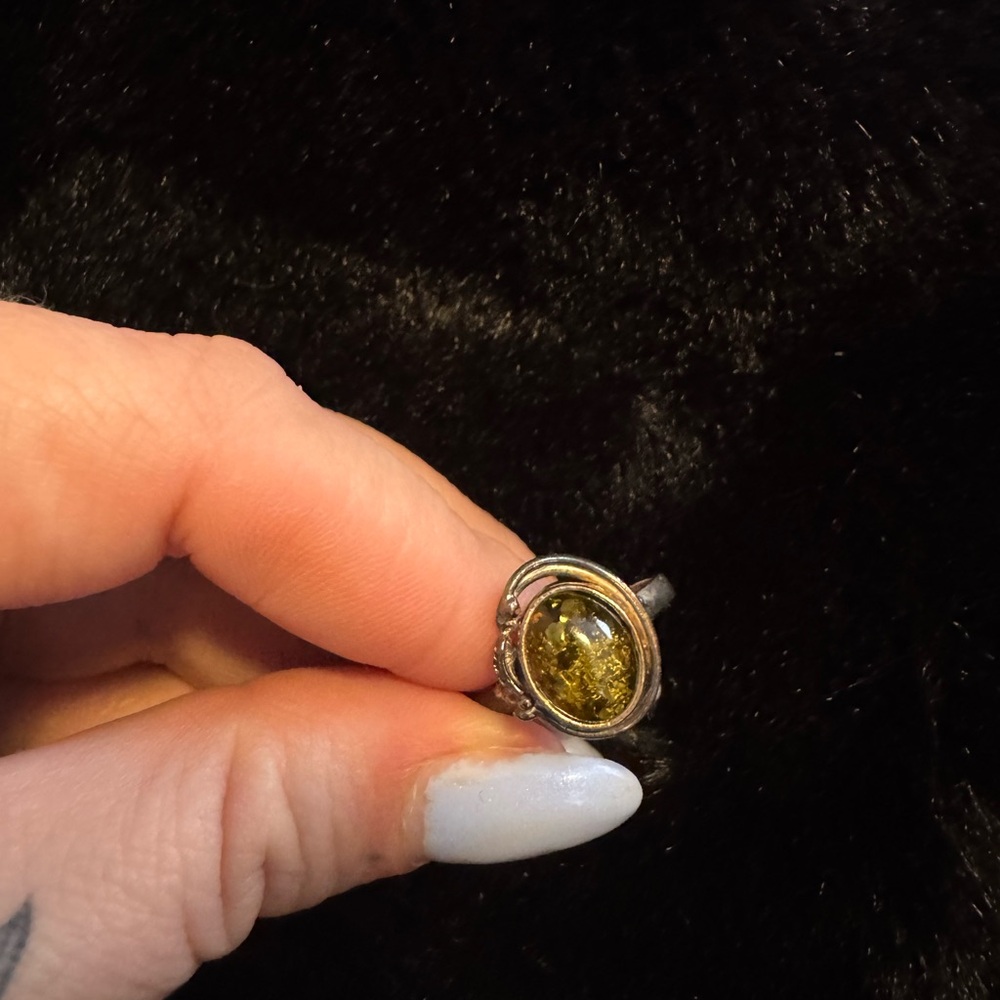 Stunning Silver and Green Amber Women's Ring